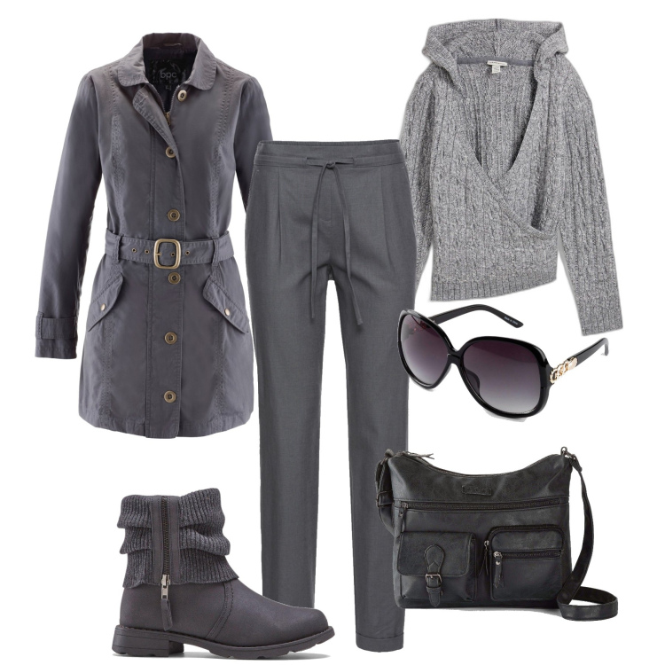 Outfit donna - Sfumature di grigio Bonprix. Stile Casual per Tutti i giorni. Abbinamento con pullovers, pantaloni, stivaletti, occhiali da sole, borse a tracolla, trench.
