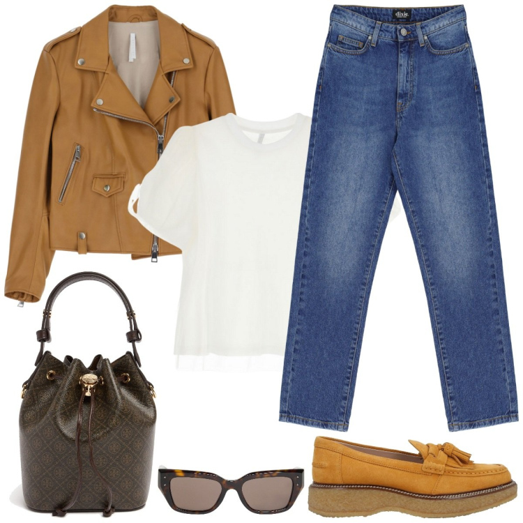 Outfit donna - Chiodo di pelle. Stile Casual chic per Tutti i giorni. Abbinamento con occhiali da sole, mocassini, t-shirt, giacche, jeans dritti, borse a secchiello.