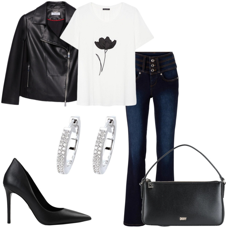 Outfit donna - Jeans e tacchi. Stile Glamour per Tutti i giorni. Abbinamento con jeans bootcut, décolleté, borse a mano, orecchini, blazer, t-shirt.