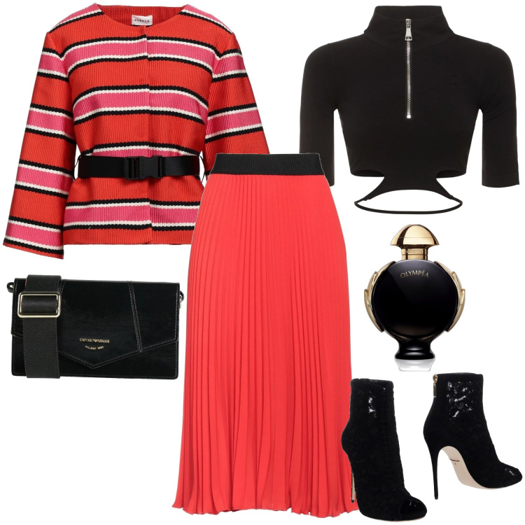 Outfit donna - Serata tra amiche. Stile Urban per Serata fuori. Abbinamento con blazer, stivaletti, gonne longuette, borse a tracolla, profumi, top.