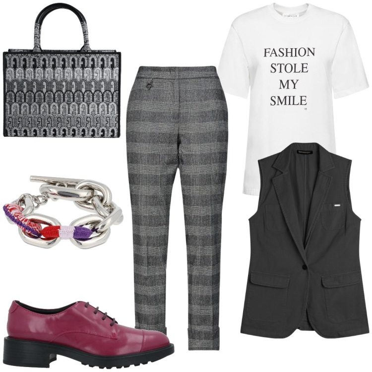 Outfit donna - Trendy in ufficio o all\' università. Stile Trendy per Tutti i giorni. Abbinamento con pantaloni, scarpe stringate, borse a mano, gilet, braccialetti, t-shirt.