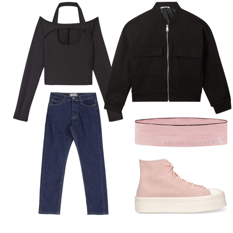Outfit donna - Tempo libero. Stile Basic per Tutti i giorni. Abbinamento con bomber, t-shirt, jeans dritti, marsupi, sneakers.