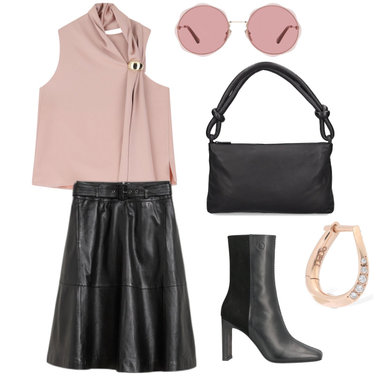 Outfit donna - Pink is chic. Stile Chic per Ufficio. Abbinamento con gonne, stivaletti, occhiali da sole, top, orecchini, borse a spalla.