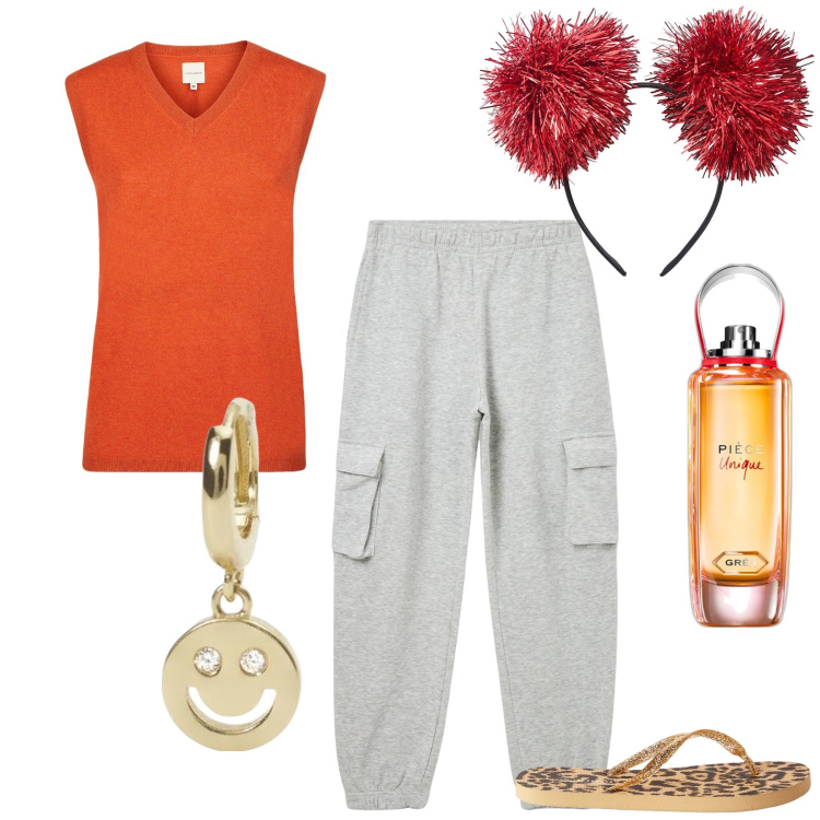 Outfit donna - Mattina in casa. Stile Casual chic per Tutti i giorni. Abbinamento con profumi, pantaloni cargo, cerchietti, infradito, orecchini, maglieria.