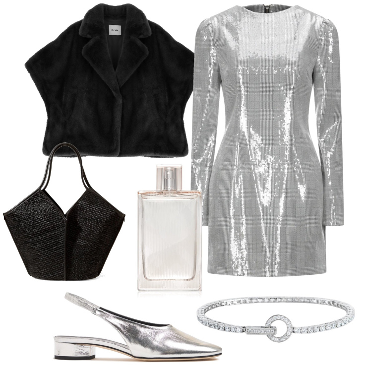 Outfit donna - L ultima Ecopelliccia di stagione. Stile Chic per Serata fuori. Abbinamento con vestiti corti, profumi, braccialetti, blazer, shopping bag, scarpe col tacco.