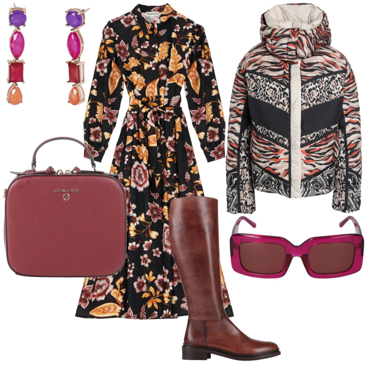 Outfit donna - Total look. Stile Urban per Ufficio. Abbinamento con stivali, piumini, borse a mano, orecchini, vestiti lunghi, occhiali da sole.