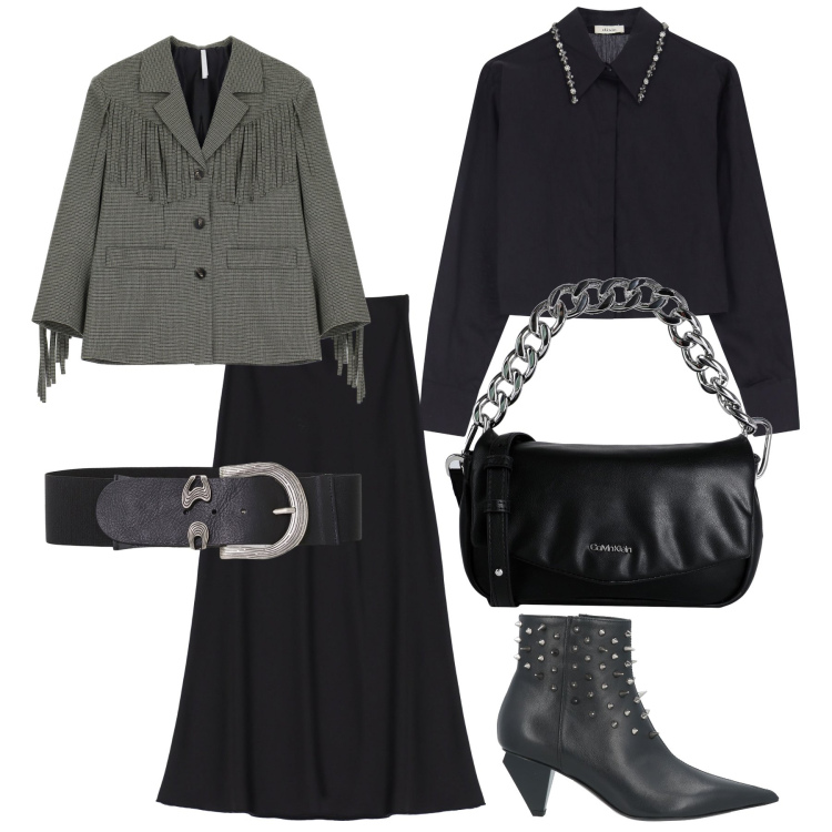 Outfit donna - Rocky. Stile Rock per Tutti i giorni. Abbinamento con stivaletti, borse a mano, blazer, camicie, gonne longuette, cinture.