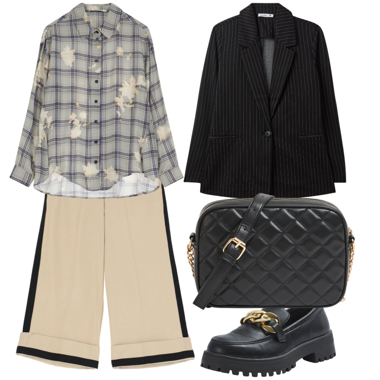Outfit donna - Righe e quadri. Stile Urban per Tutti i giorni. Abbinamento con borse a tracolla, mocassini, blazer, camicie, pantaloni.