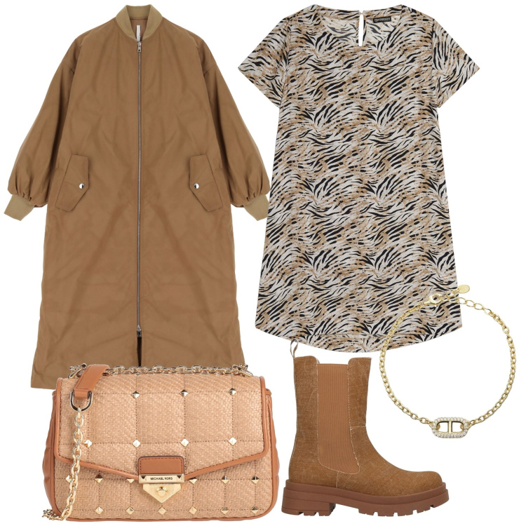 Outfit donna - Primavera piovosa. Stile Urban per Tutti i giorni. Abbinamento con borse a tracolla, stivaletti chelsea, braccialetti, blazer, vestiti midi/longuette.