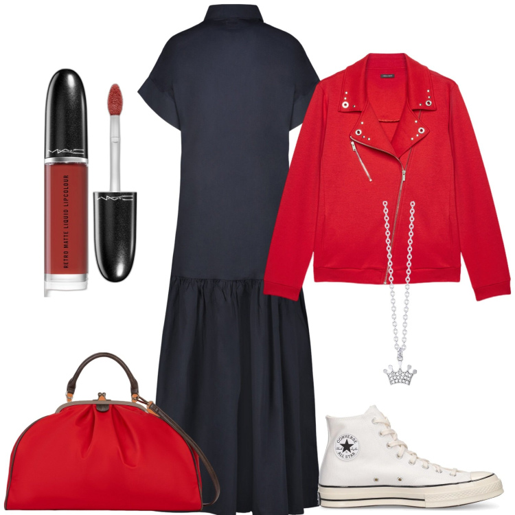 Outfit donna - La borsa rossa. Stile Casual per Scuola/Università. Abbinamento con rossetti, collane, vestiti lunghi, giacche, sneakers, borse a spalla.