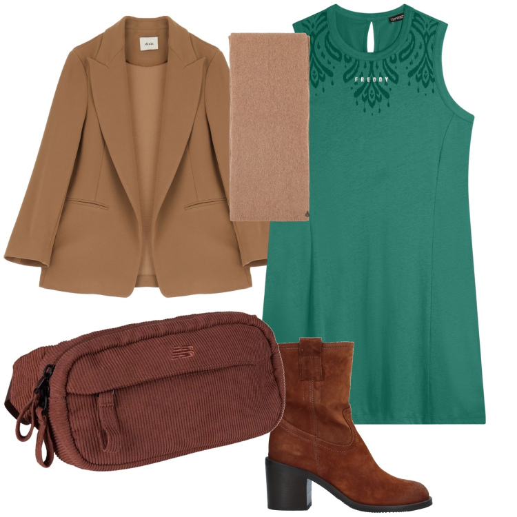 Outfit donna - Gli accessori scamosciati. Stile Trendy per Ufficio. Abbinamento con stivaletti, marsupi, vestiti midi/longuette, stole, blazer.