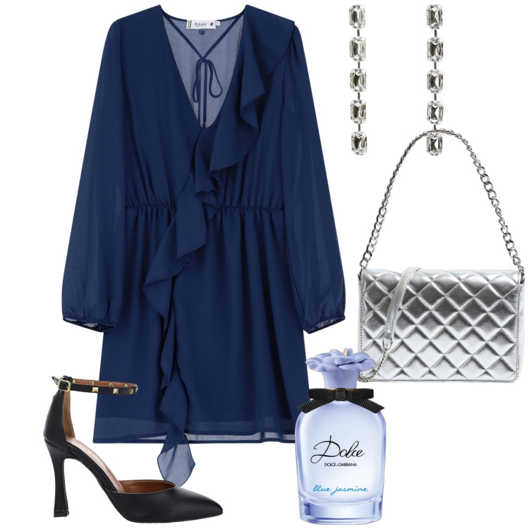 Outfit donna - Dolce look. Stile Bon Ton per Cerimonia. Abbinamento con profumi, borse a tracolla, orecchini, vestiti corti, décolleté.