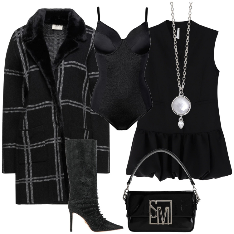 Outfit donna - Direzione lavoro e aperitivo. Stile Glamour per Ufficio. Abbinamento con body, trench, stivali, borse a mano, collane, vestiti corti.