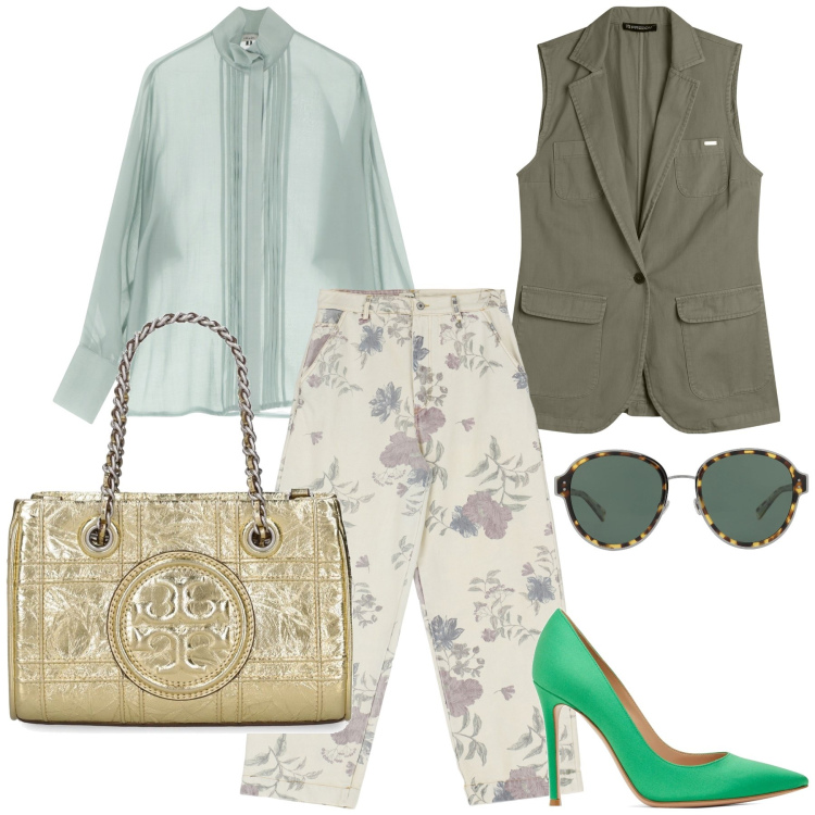 Outfit donna - Respirando primavera. Stile Glamour per Ufficio. Abbinamento con occhiali da sole, gilet, pantaloni, camicie, borse a mano, décolleté.