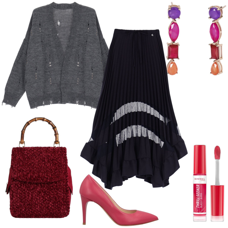 Outfit donna - Semplicemente con lui. Stile Glamour per Serata fuori. Abbinamento con borse a mano, décolleté, gloss, orecchini, gonne, cardigans.