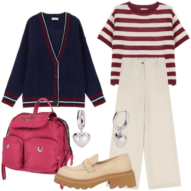 Outfit donna - In gita con la scuola. Stile Preppy per Tutti i giorni. Abbinamento con zaini, mocassini, orecchini, pantaloni a palazzo, maglieria, cardigans.
