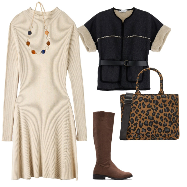 Outfit donna - A lavoro con il vestito di lana. per Ufficio. Abbinamento con stivali, shopping bag, vestiti midi/longuette, blazer, collane.