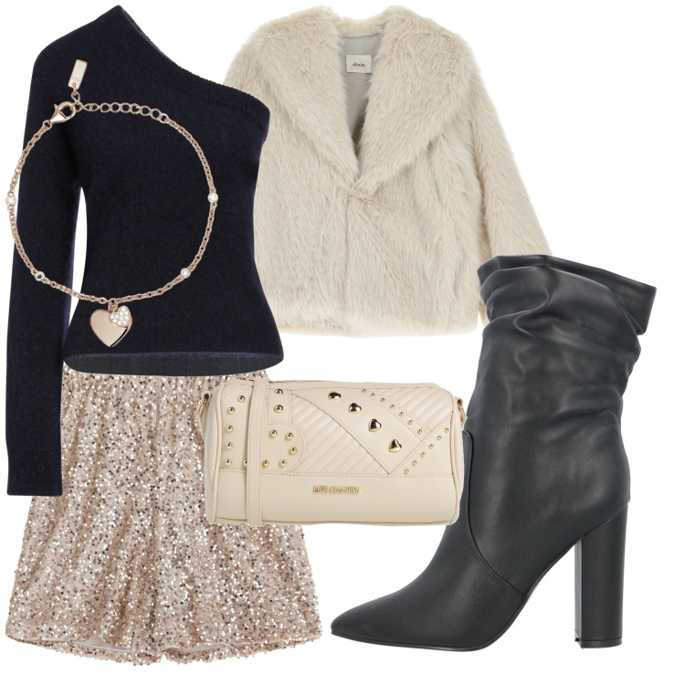 Outfit donna - Look per una bella serata in compagnia. Stile Sexy per Serata fuori. Abbinamento con stivaletti, pullovers, borse a tracolla, braccialetti con ciondoli, shorts, blazer.