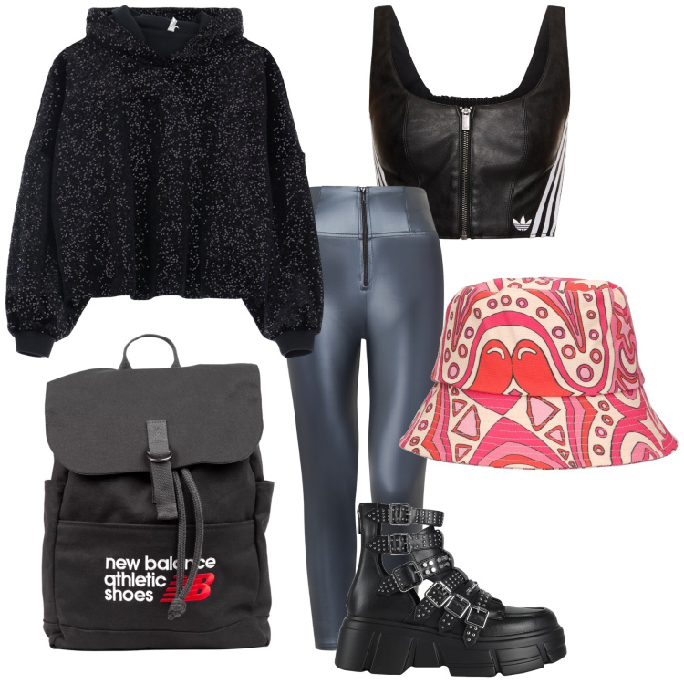 Outfit donna - La palestra. Stile Trendy per Sport. Abbinamento con stivaletti, zaini, felpe con cappuccio, pantaloni skinny, cappelli, top.