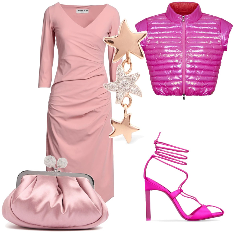 Outfit donna - Di notte fa ancora freddo. Stile Glamour per Serata fuori. Abbinamento con vestiti corti, blazer, orecchini, décolleté, pochette.