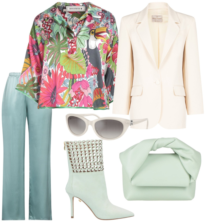 Outfit donna - È arrivata la primavera. Stile Glamour per Tutti i giorni. Abbinamento con borse a mano, pantaloni, stivaletti, top, blazer, occhiali da sole.