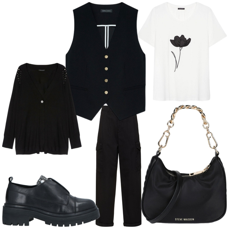 Outfit donna - Black. Stile Mannish per Ufficio. Abbinamento con borse a mano, mocassini, gilet, pantaloni, cardigans, t-shirt.