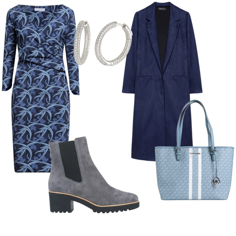 Outfit donna - Semplice in blu. per Ufficio. Abbinamento con stivaletti, vestiti midi/longuette, borse a mano, orecchini, trench.