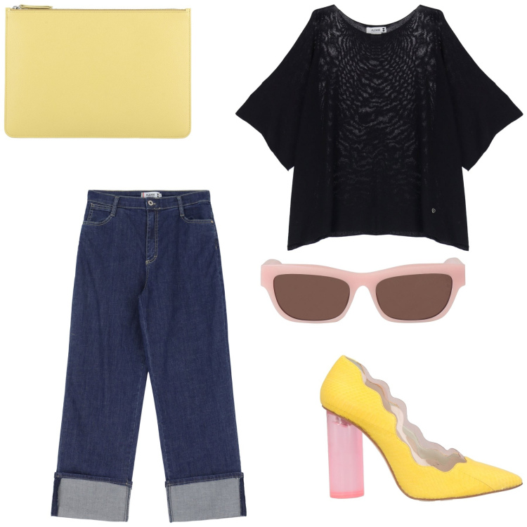 Outfit donna - Scarpe deliziose. Stile Trendy per Tutti i giorni. Abbinamento con décolleté, pochette, occhiali da sole, maglieria, jeans.