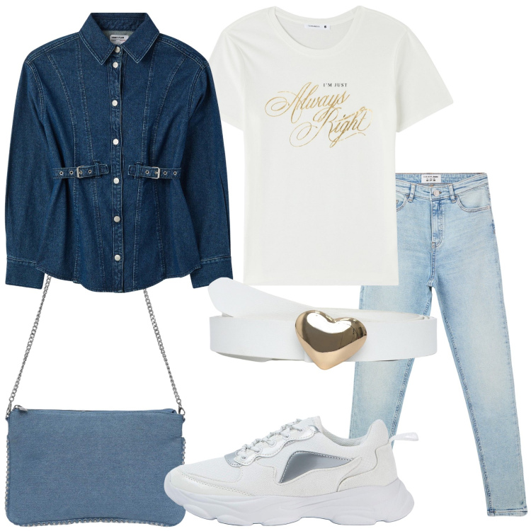 Outfit donna - Denim mania. Stile Casual per Scuola/Università. Abbinamento con cinture, borse a tracolla, jeans skinny, t-shirt, sneakers, camicie.