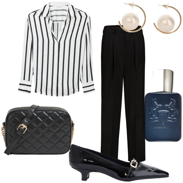 Outfit donna - La semplicità è classe. Stile Chic per Ufficio. Abbinamento con profumi, borse a tracolla, camicie, ballerine, orecchini, pantaloni.