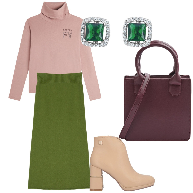 Outfit donna - Daytime. Stile Urban per Tutti i giorni. Abbinamento con stivaletti, shopping bag, orecchini, gonne longuette, t-shirt.