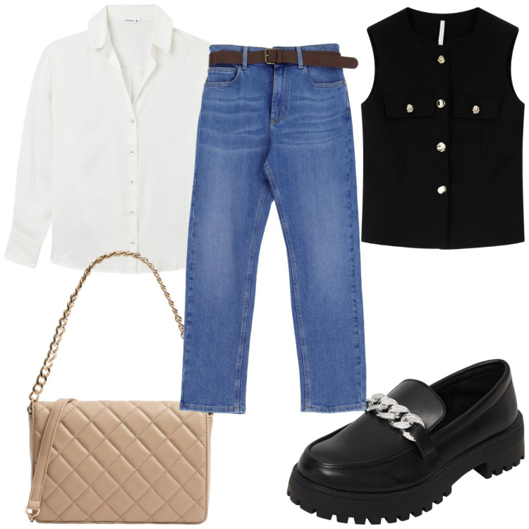 Outfit donna - Total look #2070617. Stile Trendy per Tutti i giorni. Abbinamento con mocassini, camicie, borse a tracolla, jeans dritti, gilet.