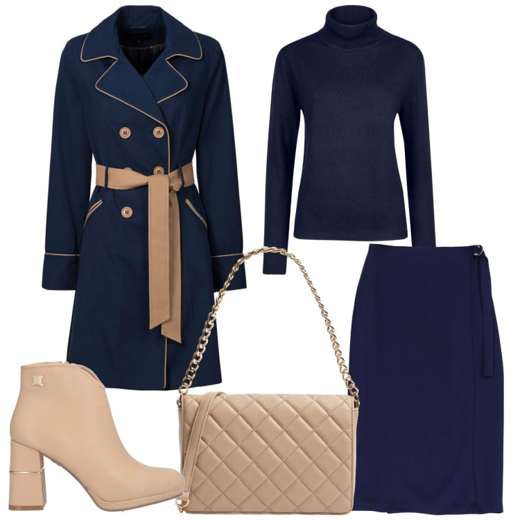 Outfit donna - Oggi in ufficio. Stile Casual chic per Ufficio. Abbinamento con trench, stivaletti, borse a tracolla, gonne longuette, maglieria.