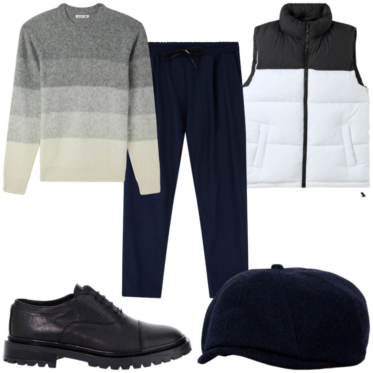 Outfit uomo - Total look #2070622. Stile Trendy per Tutti i giorni. Abbinamento con piumini, maglieria, pantaloni, scarpe stringate, cappelli con visiera.