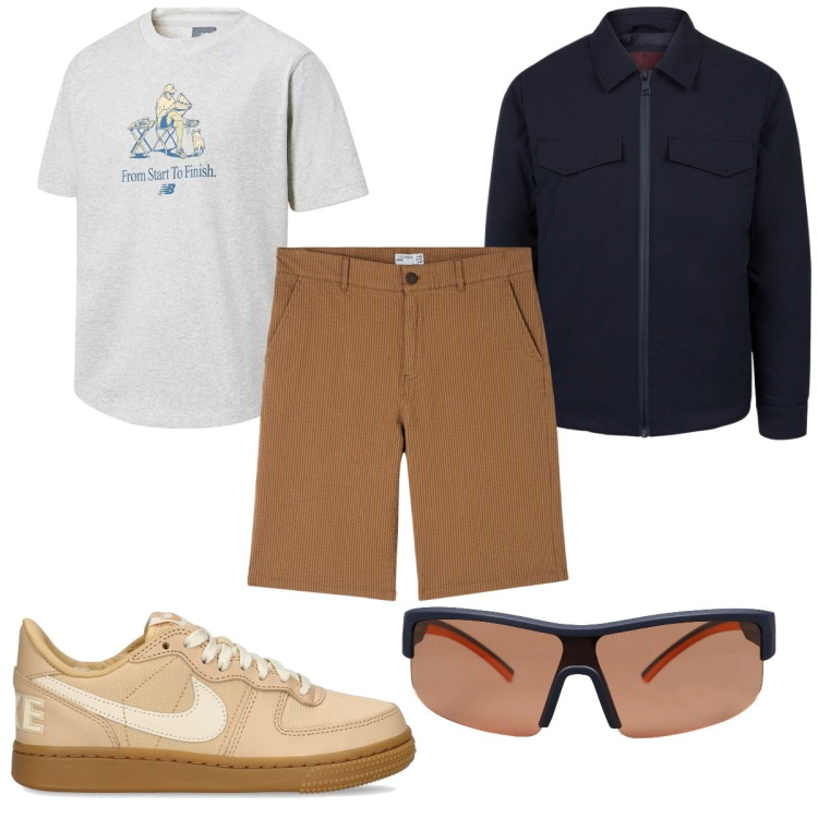 Outfit uomo - Total look #2070626. Stile Trendy per Tutti i giorni. Abbinamento con occhiali da sole, bermuda, t-shirt, sneakers, piumini.
