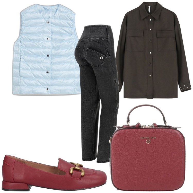 Outfit donna - Total look #2070629. Stile Trendy per Tutti i giorni. Abbinamento con gilet, mocassini, borse a mano, camicie, jeans.