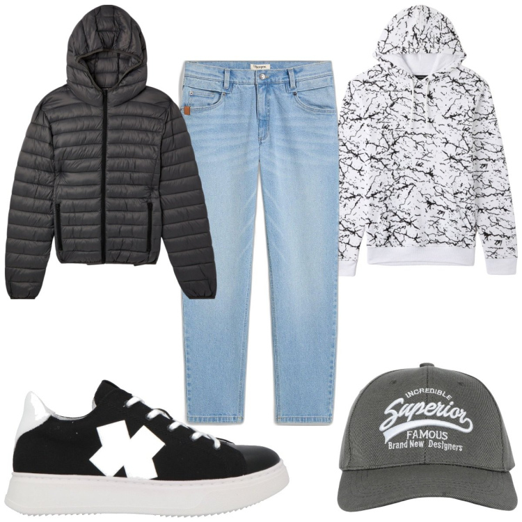 Outfit uomo - Total look #2070641. Stile Trendy per Tutti i giorni. Abbinamento con jeans, sneakers, cappelli con visiera, felpe con cappuccio, giacche.