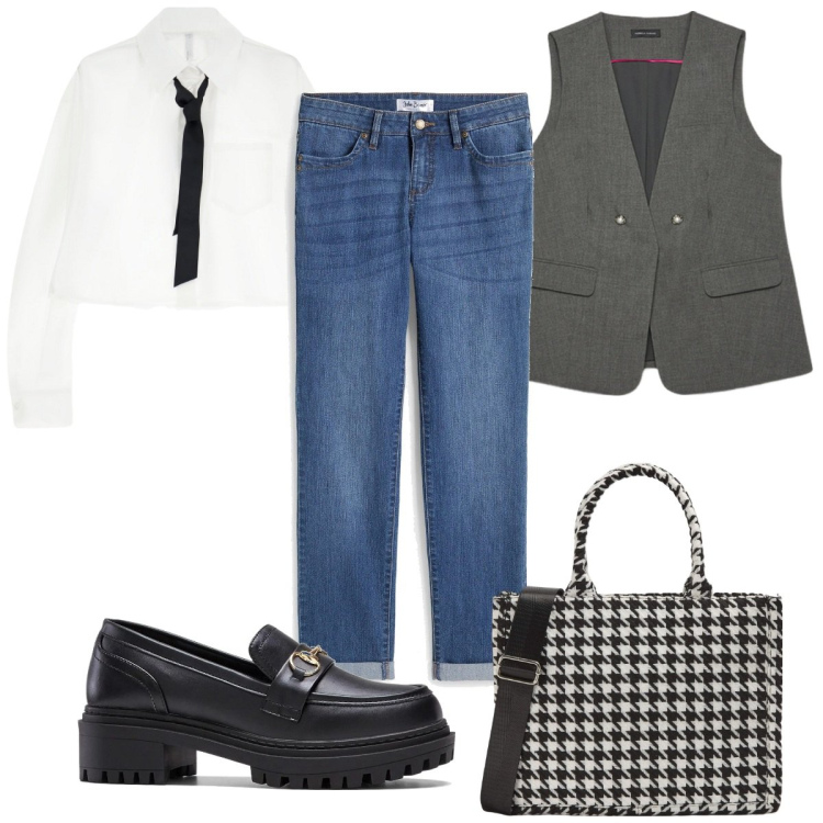 Outfit donna - Total look #2070649. Stile Mannish per Ufficio. Abbinamento con jeans dritti, mocassini, camicie, shopping bag, gilet.