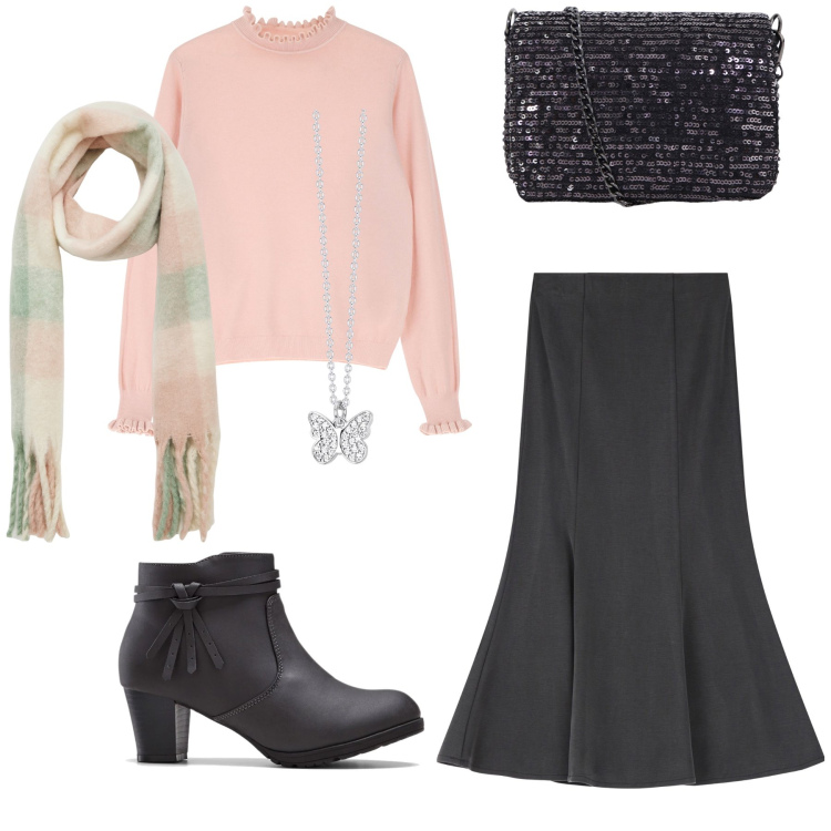 Outfit donna - Borsa luccichio nel daytime. Stile Bon Ton per Tutti i giorni. Abbinamento con stivaletti, sciarpe, collane, maglieria, gonne, borse a tracolla.