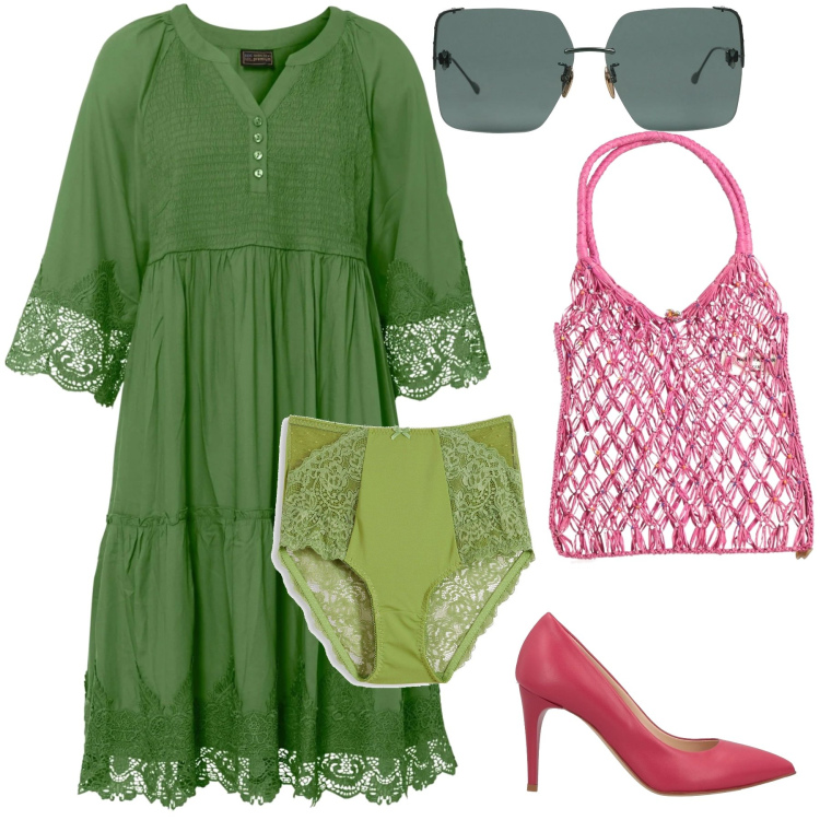 Outfit donna - Total look. Stile Boho per Serata fuori. Abbinamento con vestiti chemisier, culotte, décolleté, borse a mano, occhiali da sole.