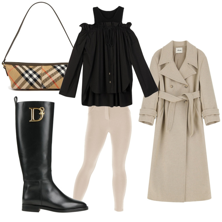Outfit donna - Raffinata. Stile Casual chic per Ufficio. Abbinamento con stivali, camicie, pantaloni skinny, trench, borse a mano.
