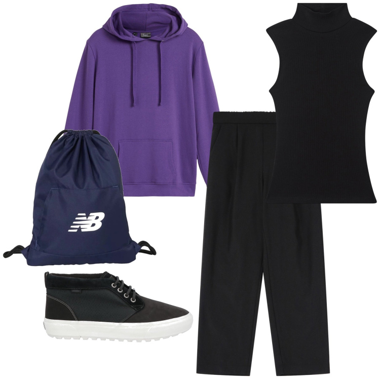 Outfit donna - Pranzo ai giardinetti. Stile Basic per Tutti i giorni. Abbinamento con felpe con cappuccio, sneakers alte, top, zaini, pantaloni.