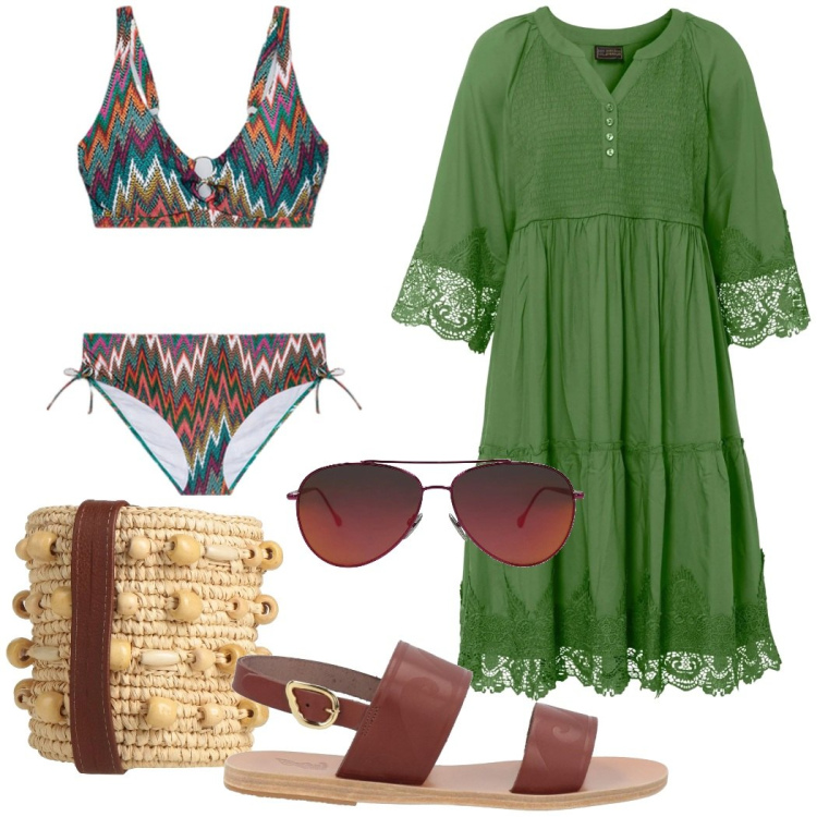 Outfit donna - Abitare al mare. Stile Etnico per Tutti i giorni. Abbinamento con vestiti chemisier, borse a spalla, occhiali da sole, sandali in pelle, bikini.