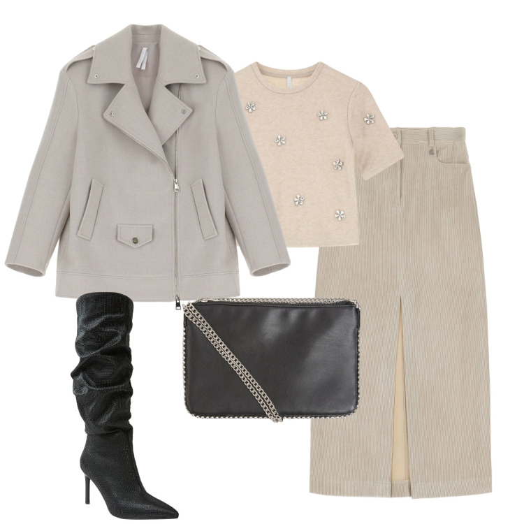 Outfit donna - City. Stile Urban per Tutti i giorni. Abbinamento con borse a tracolla, stivali, maglieria, blazer, gonne lunghe.