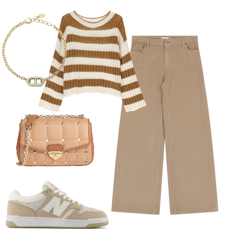 Outfit donna - City. Stile Casual per Tutti i giorni. Abbinamento con borse a tracolla, braccialetti, sneakers, pantaloni, maglieria.
