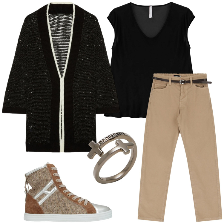 Outfit donna - Total look #2070699. Stile Basic per Tutti i giorni. Abbinamento con sneakers alte, anelli, pantaloni, top, cardigans.