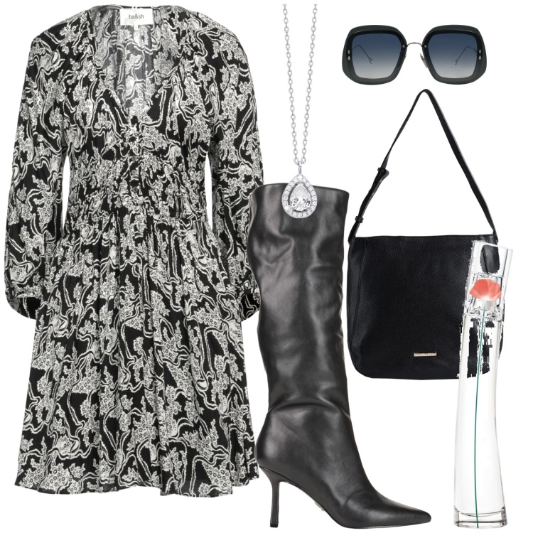 Outfit donna - Total look #2070707. per Ufficio. Abbinamento con vestiti corti, occhiali da sole, stivali, borse a spalla, profumi, collane.