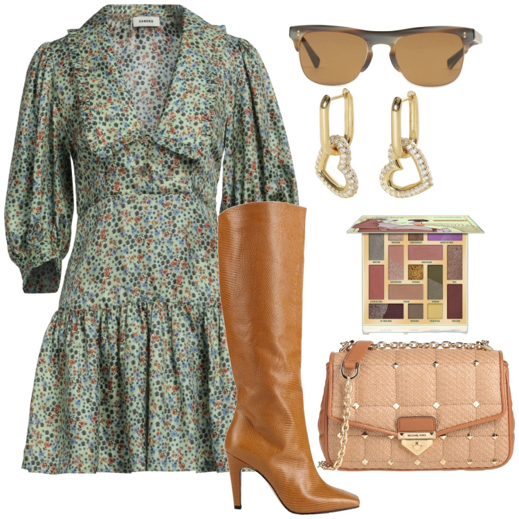 Outfit donna - Total look #2070722. per Ufficio. Abbinamento con vestiti corti, borse a tracolla, stivali, occhiali da sole, ombretti, orecchini.