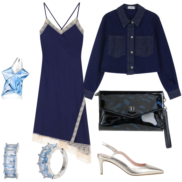 Outfit donna - Abito asimmetrico per la sera. Stile Glamour per Serata fuori. Abbinamento con borse a mano, décolleté, profumi, blazer, orecchini, vestiti asimmetrici.