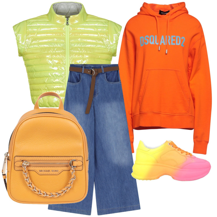 Outfit donna - Vai col fluo. Stile Casual chic per Tutti i giorni. Abbinamento con zaini, sneakers, felpe con cappuccio, jeans, blazer.